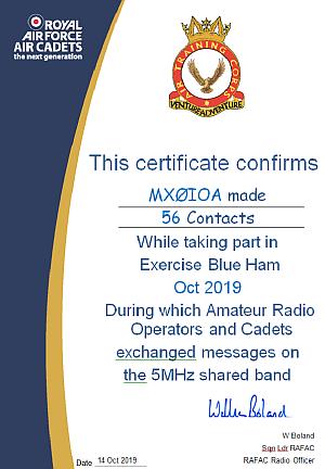 MX0IOA Exercise Blue Ham certificate of operation