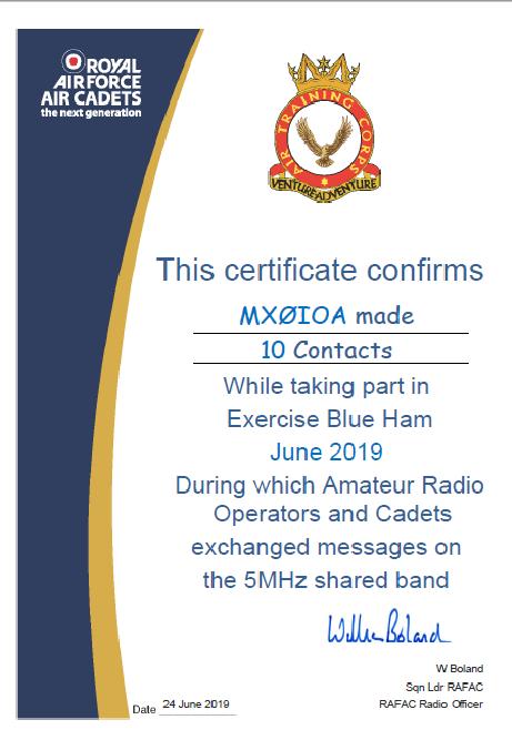 MX0IOA Exercise Blue Ham certificate of operation