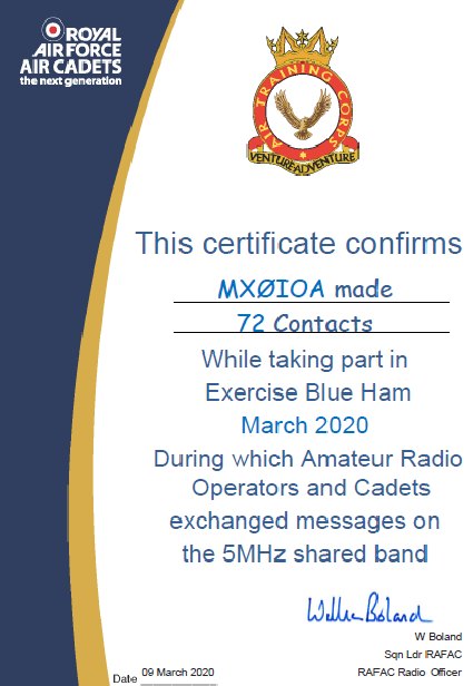 MX0IOA Exercise Blue Ham certificate of operation